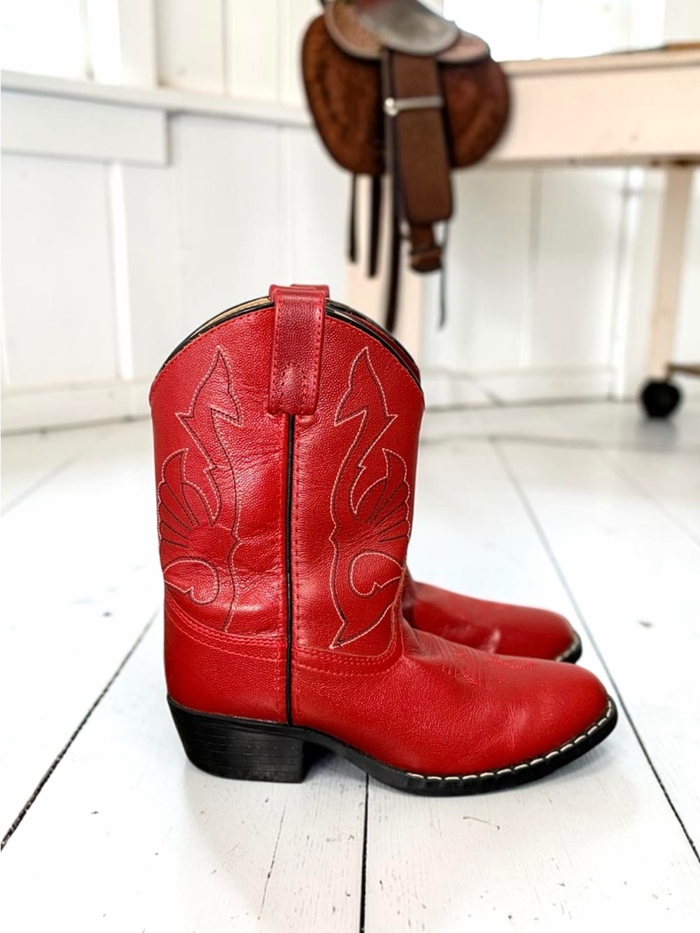 Masterson Boot Co. Youth Red Leather Western  Stitched Cowboy Boots Size 3